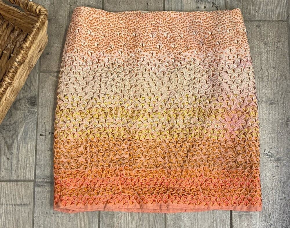 Anthropologie HD In Paris Embroidered Floral Linen Skirt Sz 12 Orange Pink Ombré